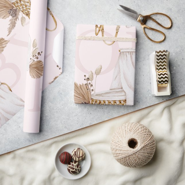 Boho Oh Baby Brown & Pink Bassinet Roll Wrapping Paper (Crafts)
