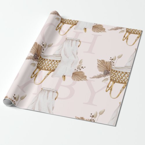 Boho Oh Baby Brown  Pink Bassinet  Wrapping Paper