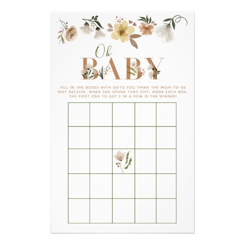 Boho Oh Baby Floral Baby Shower Bingo Game Flyer - Designed to coordinate with our Baby in Bloom Floral Baby Shower suite, this baby shower bingo game features 'BABY' in letters decorated with watercolor florals, and the back features a matching floral pattern scene. View the entire suite here: https://www.zazzle.com/collections/boho_baby_in_bloom_baby_shower_suite-119721891583250361 Copyright Elegant Invites, all rights reserved.
