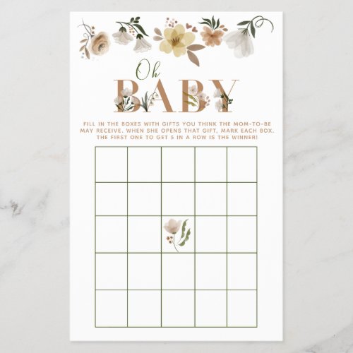Boho Oh Baby Floral Baby Shower Bingo Game Flyer
