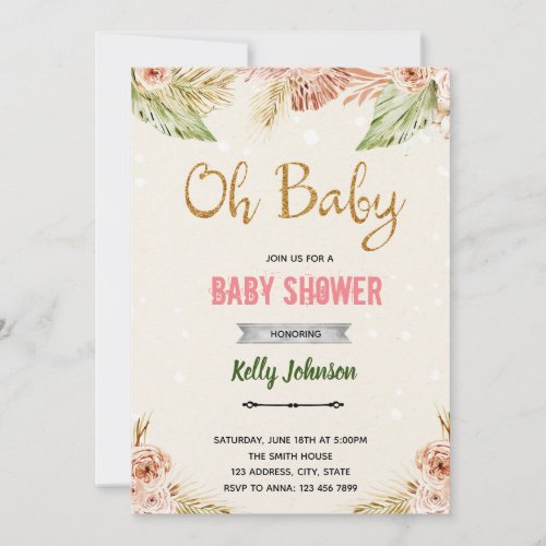 Boho oh baby gender reveal theme invitation