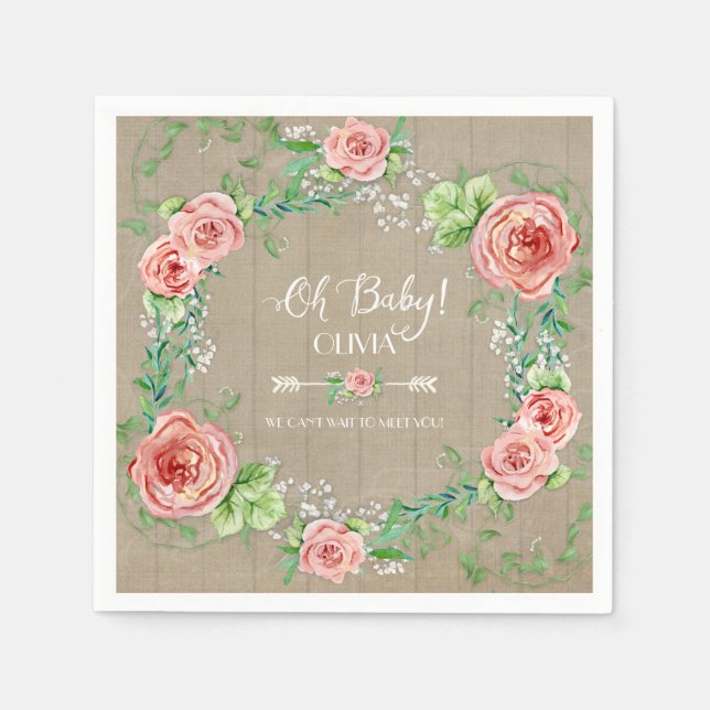 BOHO Oh Baby Girl Shower Arrow Flower Crown Wood Napkins (Front)