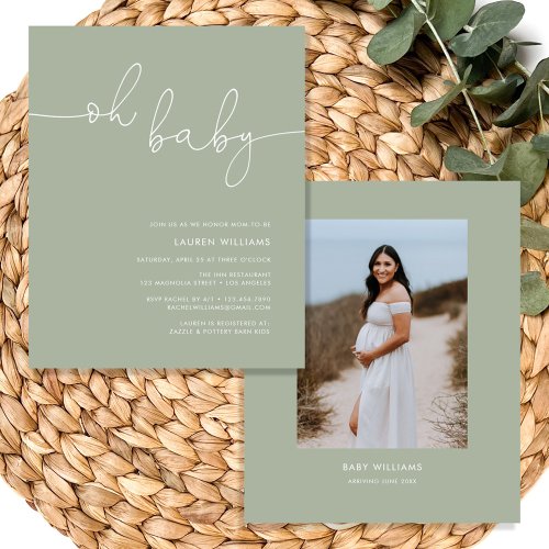 Boho Oh Baby Sage Green Photo Baby Shower Flyer