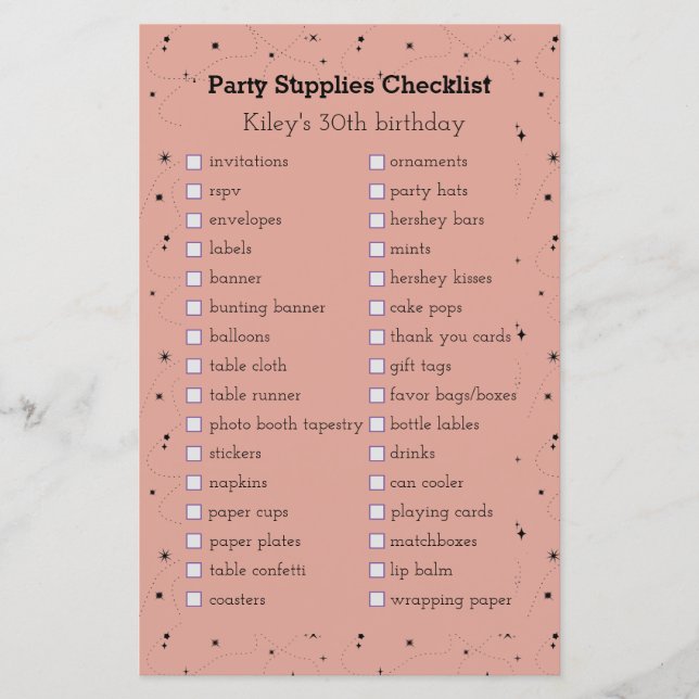 boho old rose birthday party supplies checklist  (Front)