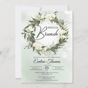 Boho Olive foliage white roses gold Bridal brunch Invitation