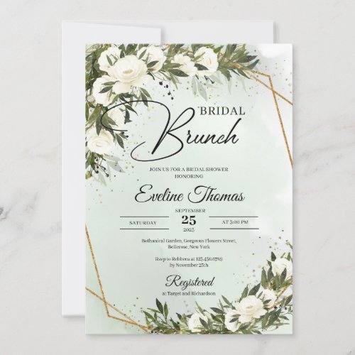 Boho Olive foliage white roses gold Bridal brunch Invitation