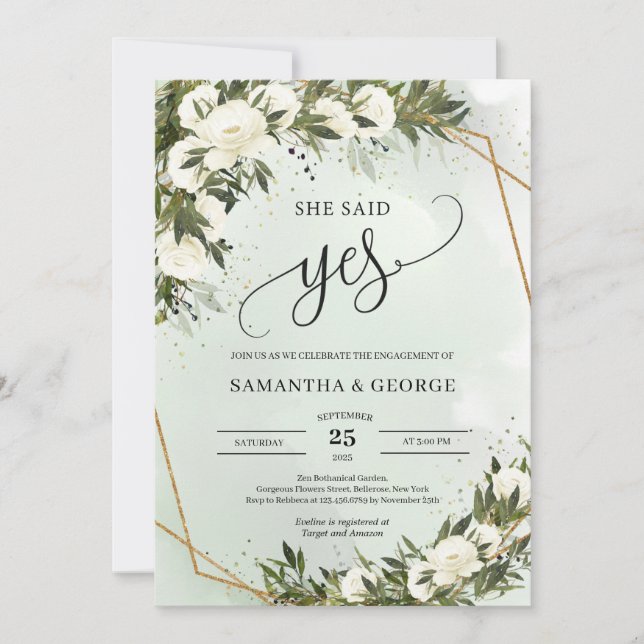 Boho Olive foliage white roses gold she said yes Invitation (Front)