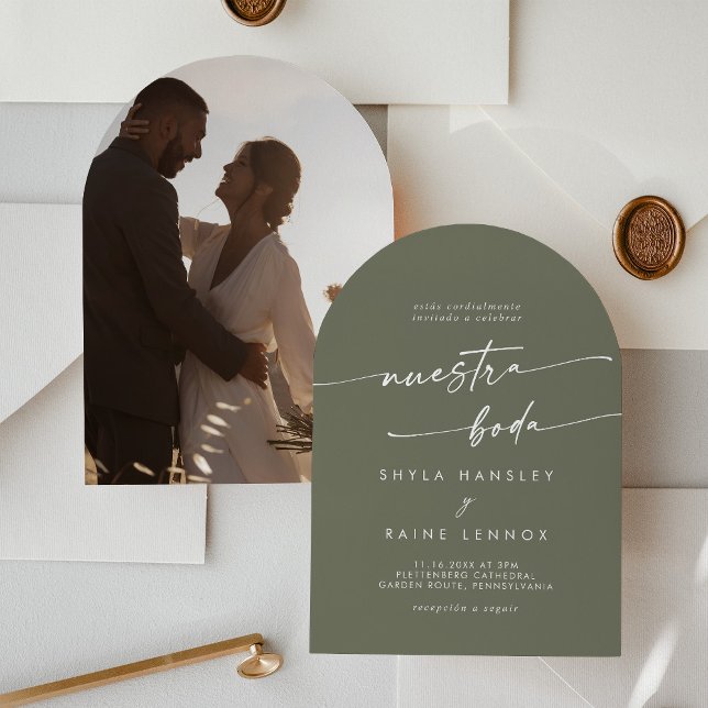 Boho Olive Green Photo Arch Spanish Wedding Invitation (Creator Uploaded)