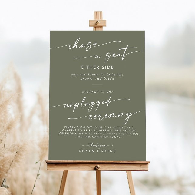 Boho Olive Green Seat Unplugged Ceremony Sign (Creator Uploaded)