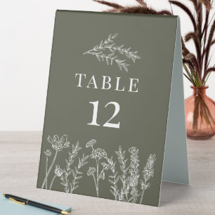 Boho Olive Green Wildflower Table Card Number Tent