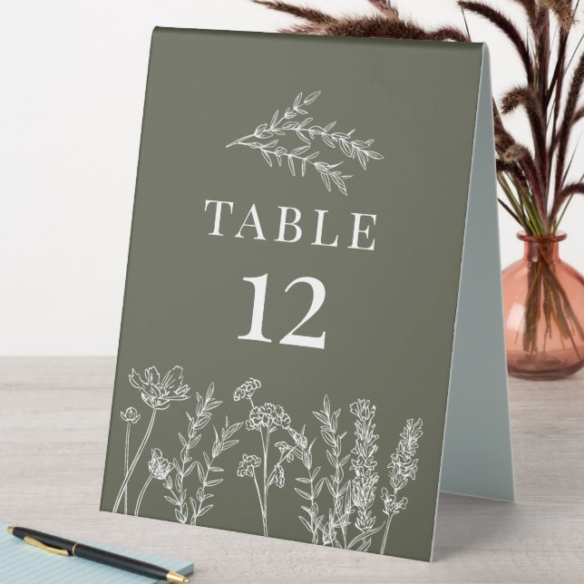 Boho Olive Green Wildflower Table Card Number Tent Table Tent (In SItu (Table))