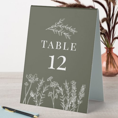 Boho Olive Green Wildflower Table Card Number Tent Table Tent Sign