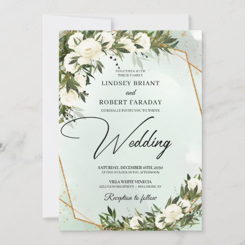 Boho olive greenery white roses gold frame wedding invitation