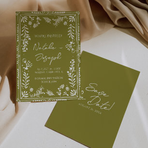 Boho Olive Hand Drawn Floral Garden Save The Date