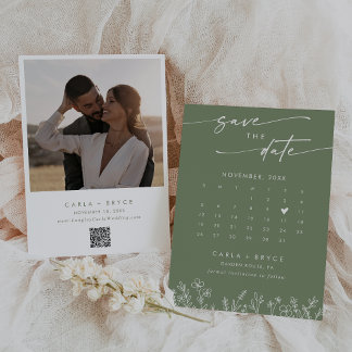 Boho Olive Wildflower QR Code Photo Calendar Save The Date