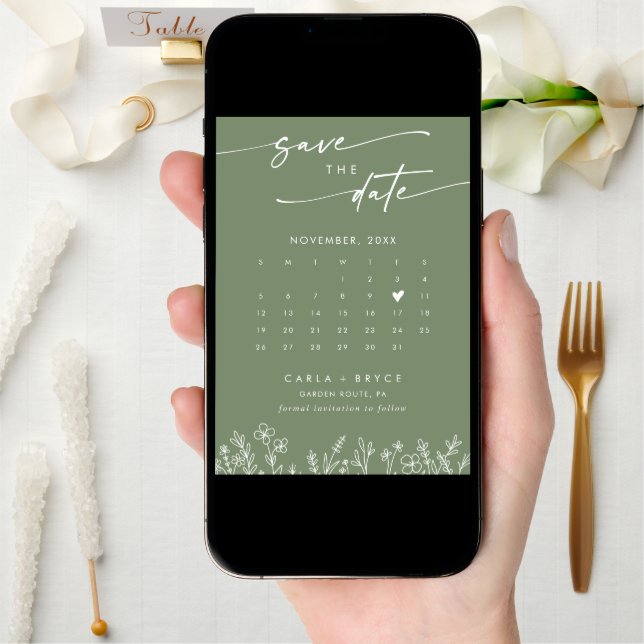 Boho Olive Wildflower QR Code Photo Calendar  Save The Date (Front Digital)