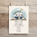 Boho One Happy Camper 1st Birthday Party Blue Invitation<br><div class="desc">Illustration of a 70s inspired vintage blue and white camper decorated with balloons,  tassels,  cactus,  macrame,  cactus,  pampas,  and potted plants.</div>