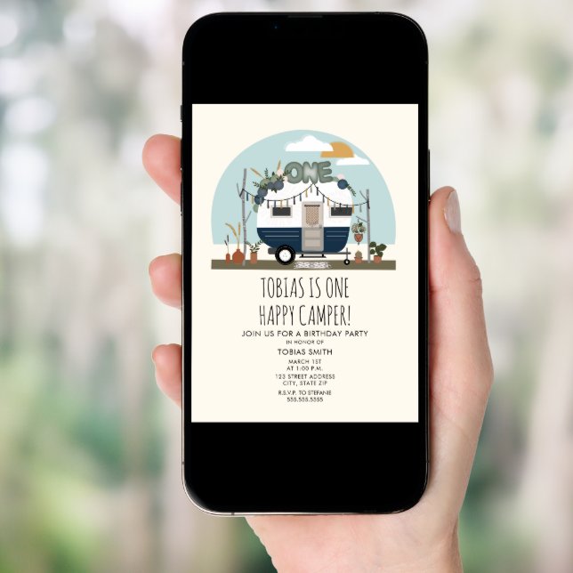 Boho One Happy Camper 1st Birthday Party Blue Invitation (Front Digital)