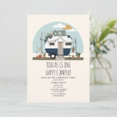 Boho One Happy Camper 1st Birthday Party Blue Invitation (Standing Front)