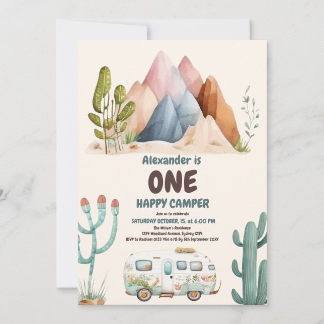 Boho One Happy Camper 1st Birthday Party  Invitation (Front)