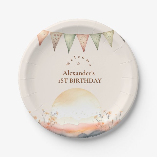 Boho One Happy Camper 1st Birthday Party  Paper Plates (Front)