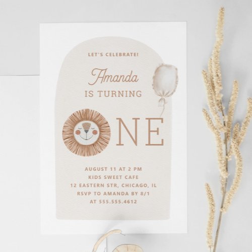 Boho One lion toy Cute safari animal 1st birthday Invitation