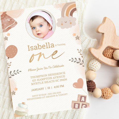 Boho One Year Girls Photo Birthday Party Invitation