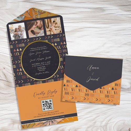 Boho Orange and Black Wedding All In One Invitation