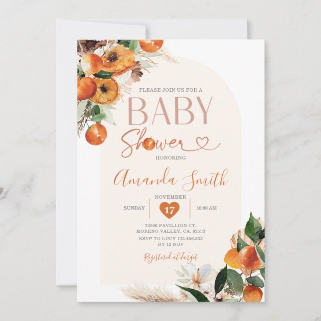 Boho Orange Baby Shower Summer Tropical Floral Invitation (Front)