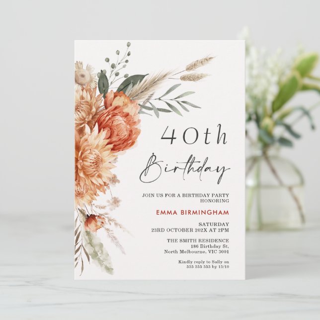 Boho Orange Beige Floral 40th Birthday Invitation (Standing Front)