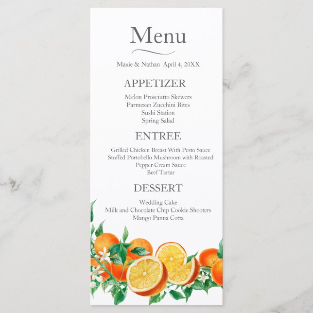 Boho Orange Blossom Wedding Menu (Front)