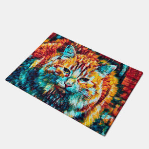 Boho Orange Blue Colorful Hippie Tabby Cat Doormat