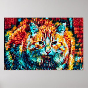 Boho Orange Blue Colorful Hippie Tabby Cat Poster