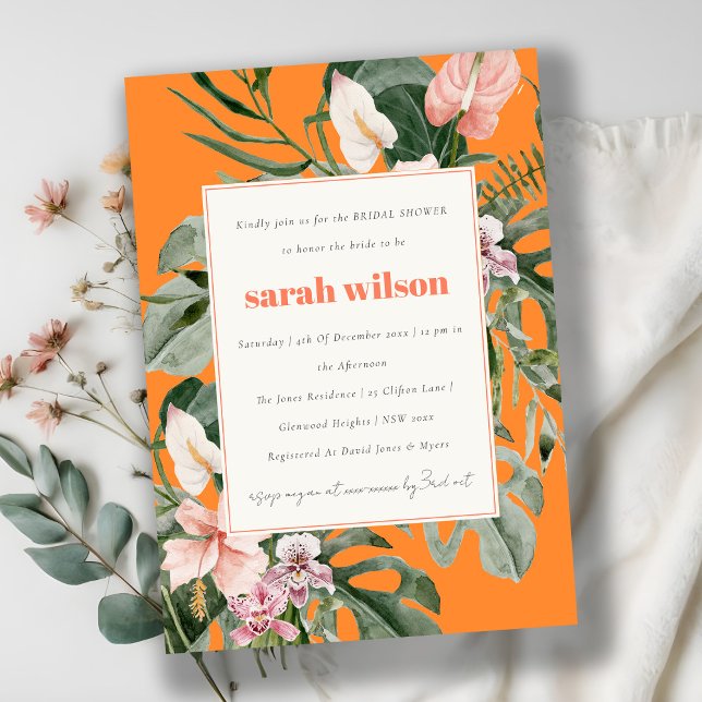 Boho Orange Blush Tropical Floral Bridal Shower Invitation (Creator Uploaded)