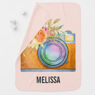 Boho Orange Camera & Floral Bouquet Watercolor Baby Blanket