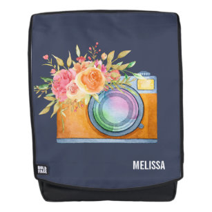 Boho Orange Camera & Floral Bouquet Watercolor Backpack
