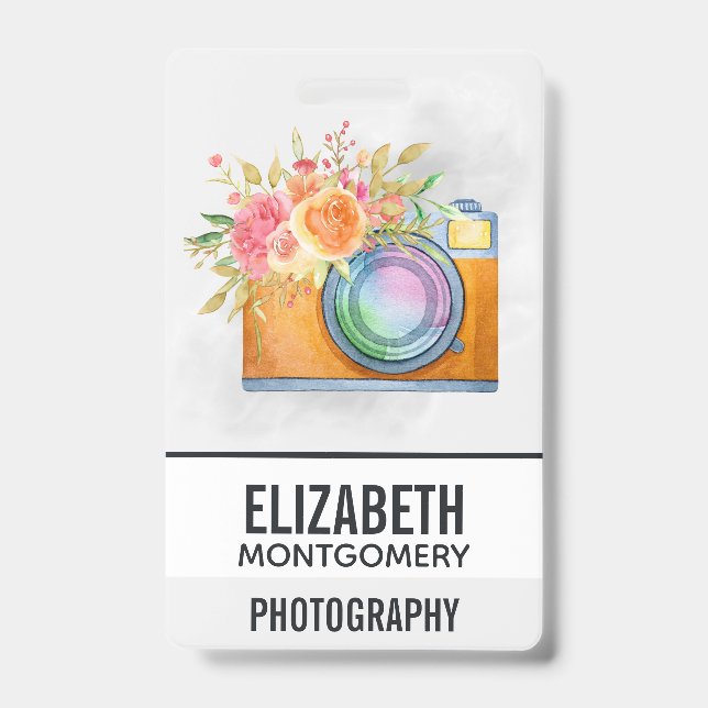 Boho Orange Camera & Floral Bouquet Watercolor Badge (Front)