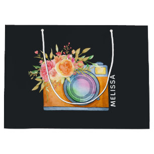 Boho Orange Camera & Floral Bouquet Watercolor Large Gift Bag