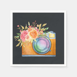 Boho Orange Camera & Floral Bouquet Watercolor Napkins