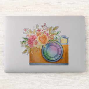 Boho Orange Camera & Floral Bouquet Watercolor Sticker
