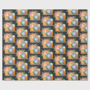 Boho Orange Camera & Floral Bouquet Watercolor Wrapping Paper