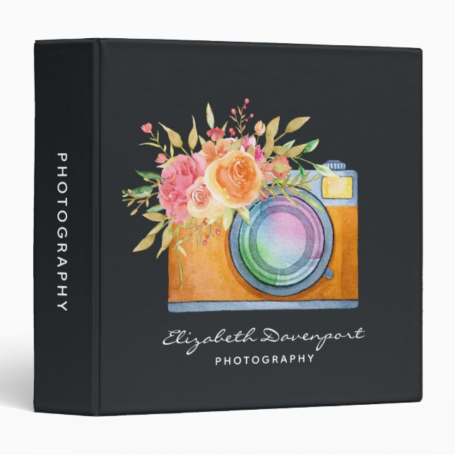 Boho Orange Camera & Flowers Watercolor 3 Ring Binder (Front/Spine)