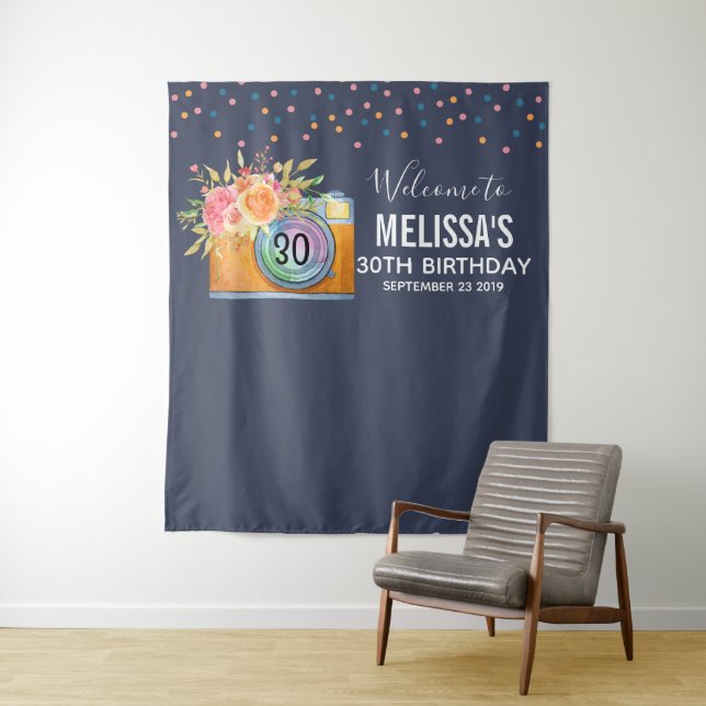 Boho Orange Camera & Flowers Watercolor Birthday Tapestry (In Situ)