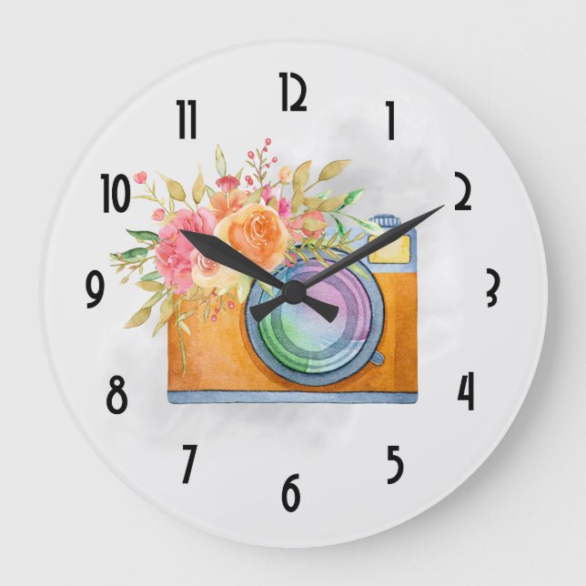 Boho Orange Camera & Flowers Watercolor Large Clock (Front)