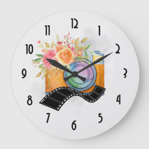 Boho Orange Camera & Flowers Watercolor Large Clock