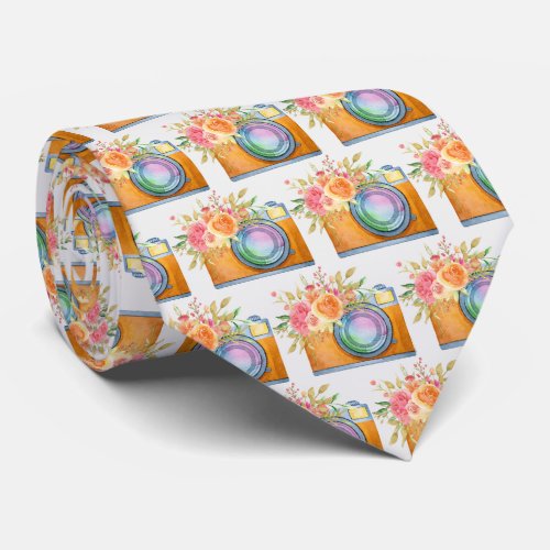 Boho Orange Camera  Flowers Watercolor Pattern Neck Tie