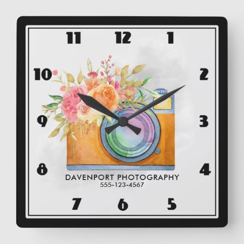Boho Orange Camera  Flowers Watercolor Square Wall Clock