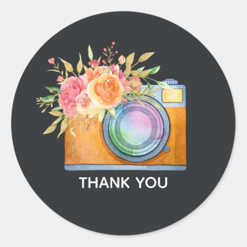 Boho Orange Camera  Flowers Watercolor Thank You Classic Round Sticker