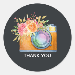 Boho Orange Camera & Flowers Watercolor Thank You Classic Round Sticker