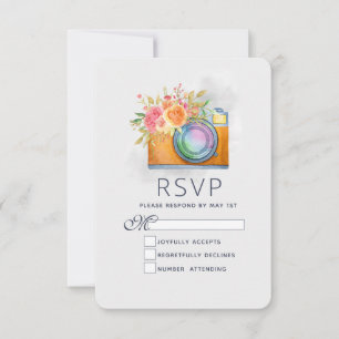 Boho Orange Camera & Flowers Watercolor Wedding RSVP Card